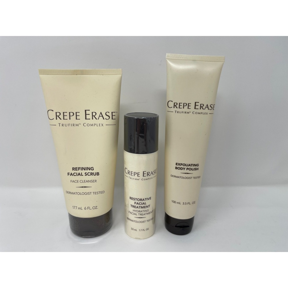 Crepe Erase FACIAL TREATMENT + EXFOLIATING BODY POLISH + REFINING FACIAL SCRUB